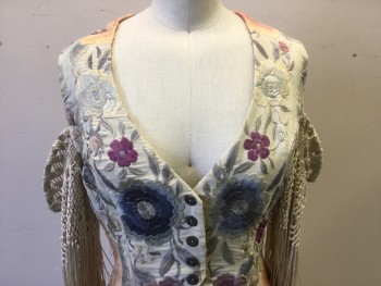 Womens, Vest, FOX 701, Beige, Blue, Purple, Pink, Orange, Polyester, Cotton, Floral, B:34, MTO, Boho Vibe, V-neck, Embroidered Floral, Hook and Eye Closure with 5 Buttons, Beige Crochet Sleeves with Long Fringe, Open Shoulders, Beige Crochet Bottom Half with Long Fringe