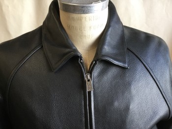 Mens, Leather Jacket, WILSON, Black, Leather, Solid, M, C.A., Zip Front, 2 Pckts, Raglan Long Sleeves, (Removable Liner)