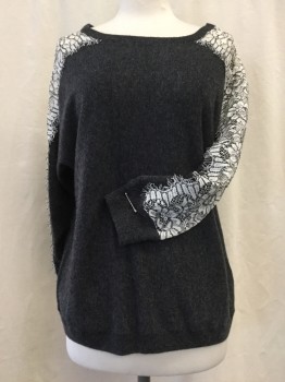 Womens, Pullover, JCREW, Dk Gray, White, Cashmere, Synthetic, Heathered, Floral, M, Round Neck,  Sheer Lace Sleeve Detail