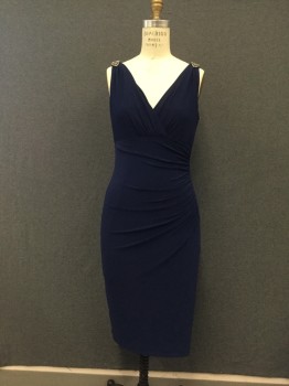 LAUREN, Navy Blue, Polyester, Elastane, Solid, Surplice Top, Sleeveless, Silver/Rhinestone Medallions on Shoulders, Draped From Side Seam, V Back, Stretchy, Below Knee