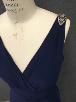 LAUREN, Navy Blue, Polyester, Elastane, Solid, Surplice Top, Sleeveless, Silver/Rhinestone Medallions on Shoulders, Draped From Side Seam, V Back, Stretchy, Below Knee