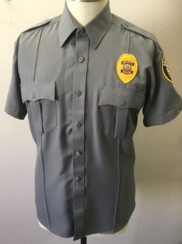 LAW PRO, Gray, Poly/Cotton, Short Sleeves, Button Front, Collar Attached, Epaulets, Pockets with Flaps