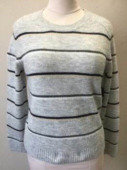 Womens, Pullover, LUCKY BRAND, Lt Gray, Navy Blue, Cream, Dk Gray, Acrylic, Polyester, Stripes - Horizontal , M, Light Gray with Navy/Cream/Dark Gray Horizontal Stripes, Knit, Crew Neck, Long Sleeves