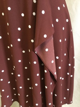 ANN TAYLOR, Wine Red, White, Polyester, Polka Dots, Wine with White Polka Dots, Solid Wine Lining, Overlap V-neck & Flowing Hanging Drape Off Side, Flair Bottom, Sleeveless, Zip Back,