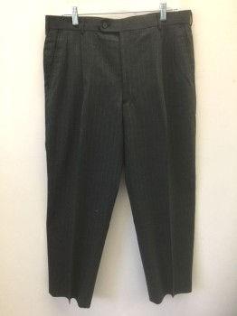 RAFAEL, Dk Gray, White, Wool, Stripes - Pin, Dotted Pinstripes, Double Pleated, Button Tab Waist, Zip Fly, 4 Pockets, Straight Leg