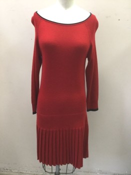 Womens, Dress, Long & 3/4 Sleeve, SHOSHANNA, Red, Navy Blue, Wool, Acrylic, Solid, S, Knit, Solid Red with Navy Trim at Scoop Neckline & Cuffs, Long Sleeves, Dropped Waist, Pleated Below Drop Waist, Raglan Sleeves