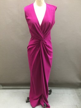 Womens, Evening Gown, BELLE/BADGLEY MISCHK, Magenta Purple, Polyester, Spandex, Solid, 2, Sleeveless, Wrapped V-neck, Knotted Detail at Waist, Wrap/Foldover at Waist, with Opening at Center Front Hem, Floor Length Hem, Invisible Zipper at Side