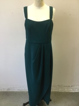 Womens, Evening Gown, XSCAPE, Dk Green, Polyester, Solid, W:32, B:36, 12, Double Straps, Straight Bust, Pleated Detail at Waist with Cross Over Drape, Back Zip