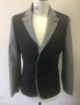 Mens, Sportcoat/Blazer, RNT23 JEANS, Black, Gray, Cotton, Nylon, Solid, Birds Eye Weave, M, Solid Black Quilted Nylon Front, Black/Gray Birdseye Sleeves, Notched Lapel and Back, 2 Buttons,  3 Pockets, Dusty Lavender Lining