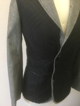 Mens, Sportcoat/Blazer, RNT23 JEANS, Black, Gray, Cotton, Nylon, Solid, Birds Eye Weave, M, Solid Black Quilted Nylon Front, Black/Gray Birdseye Sleeves, Notched Lapel and Back, 2 Buttons,  3 Pockets, Dusty Lavender Lining