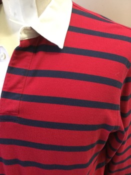 BROOKS BROTHERS, Red, Navy Blue, White, Cotton, Stripes - Vertical , Jersey Knit, Long Sleeves, Woven White Collar Attached, Hidden Placket