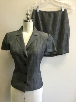 Womens, Suit, Jacket, CALVIN KLEIN, Black, White, Linen, Rayon, Heathered, 2, 4 Button Front, Collar Attached, Notched Lapel, Cuffed Cap Sleeves in Pleats, 2 Welt Pockets