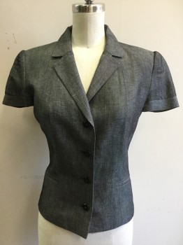 Womens, Suit, Jacket, CALVIN KLEIN, Black, White, Linen, Rayon, Heathered, 2, 4 Button Front, Collar Attached, Notched Lapel, Cuffed Cap Sleeves in Pleats, 2 Welt Pockets