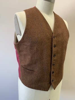 SIAM COSTUMES, Brown, Multi-color, Wool, Stripes - Pin, Vest, Heavy Wool, Dotted Pinstripes with Ombre Blue, Pink and Lime, 6 Buttons, 4 Welt Pockets, Ecru Pinstriped Lining, Solid Burgundy Back with Self Belt at Back Waist, Made To Order