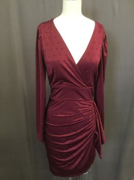 GUESS, Wine Red, Polyester, Spandex, Solid, Cross Over Bust, Long Sleeves, Faux Wrap with Rouching and Ruffle, Red Beading