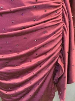 GUESS, Wine Red, Polyester, Spandex, Solid, Cross Over Bust, Long Sleeves, Faux Wrap with Rouching and Ruffle, Red Beading
