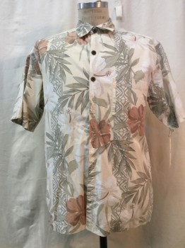 Mens, Hawaiian Shirt, PAU HANA, Beige, Brown, Sage Green, White, Black, Cotton, Tropical , M, Button Front, Collar Attached, Short Sleeves, 1 Pocket,