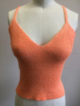 Womens, Top, TIMING, Iridescent Orange, Silver, Acrylic, Speckled, L, Orange Knit with Iridescent Silver and Glitter Threads, Spaghetti Strap, V-neck