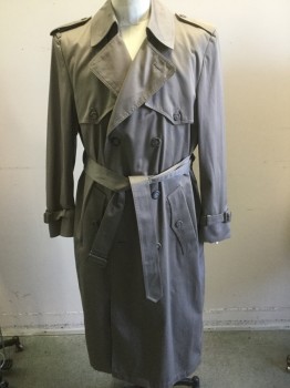 Mens, Coat, Trenchcoat, Taupe, Polyester, Solid, 38, Double Breasted, Wrist Straps, Peaked Lapel, Belt, No Detachable Lining, **With Matching Belt