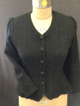 FOX5021, Black, Forest Green, Wool, Polyester, Herringbone, MIDDLE CLASS BLAZER  Hidden Hook & Eye Closure with 5 Covered Buttons at Center Front, with Black Soutache Trim. Fitted Through Waist, Sleeves Pleated at Shoulder, V.neck Pleat at Center Back, Soutache Trim at Hemline & Cuffs. Some Piling at Underarm,