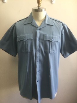 FLYING CROSS, French Blue, Polyester, Rayon, Solid, Twill Weave, Short Sleeve Button Front, Collar Attached, 2 Pockets with Button Flap Closures, Epaulets at Shoulders