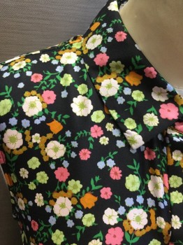 TORY BURCH, Black, Pink, Green, Lt Pink, Silk, Floral, Black with Floral Print, 1/2 Button Front with Hidden Placket, Collar Attached, Sleeveless, Elastic Waist, Knee Length