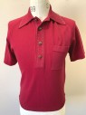 Mens, Polo Shirt, PURITAN, Maroon Red, Ban-lon Synthetic, Solid, M, Knit, Short Raglan Sleeves, White Topstitching Accents, 4 Button Placket, 1 Patch Pocket, Late