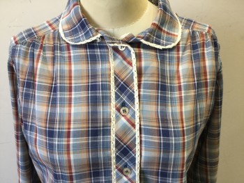 COWBOY BLUES, Navy Blue, Dk Red, Lt Brown, Cream, Cotton, Polyester, Plaid, Long Sleeves, Button Front, Collar Attached, Cream Lace Trim