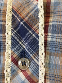 COWBOY BLUES, Navy Blue, Dk Red, Lt Brown, Cream, Cotton, Polyester, Plaid, Long Sleeves, Button Front, Collar Attached, Cream Lace Trim