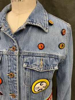 Womens, Casual Jacket, GAP, Lt Blue, Cotton, Solid, S, Button Front, Collar Attached, Long Sleeves, Button Cuff, 2 Pockets, Patches and Graphic Button Details