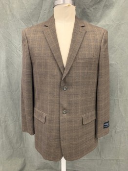 Mens, Sportcoat/Blazer, PRONTO UOMO, Brown, Lt Brown, Black, Wool, Tweed, Grid , 46L, Single Breasted, Collar Attached, Notched Lapel, 2 Buttons,  3 Pockets