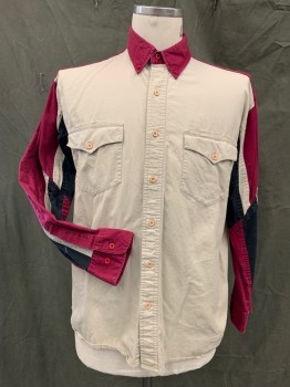 WRANGLER, Tan Brown, Raspberry Pink, Black, Cotton, Color Blocking, Tan Body, Raspberry Collar/Shoulders/Sleeves, Button Front, Button Down Collar, 2 Flap Pockets, Stripe Panels Down Sleeves, Wester Back Yoke, Button Cuff *Gray Paint Stains on Sleeves*