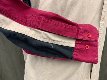 WRANGLER, Tan Brown, Raspberry Pink, Black, Cotton, Color Blocking, Tan Body, Raspberry Collar/Shoulders/Sleeves, Button Front, Button Down Collar, 2 Flap Pockets, Stripe Panels Down Sleeves, Wester Back Yoke, Button Cuff *Gray Paint Stains on Sleeves*