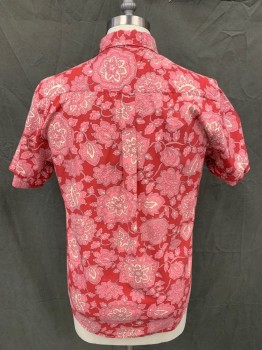 KENNINGTON, Red, Pink, White, Cotton, Floral, Button Front, Collar Attached, Button Down Collar, Short Sleeves, 1 Pocket,