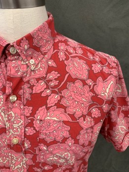 KENNINGTON, Red, Pink, White, Cotton, Floral, Button Front, Collar Attached, Button Down Collar, Short Sleeves, 1 Pocket,