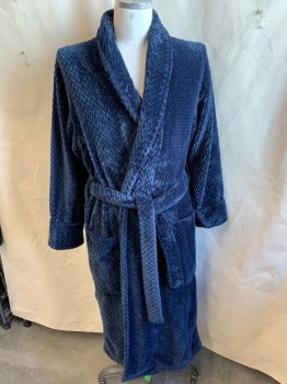 Mens, Bathrobe, N/L, Slate Blue, Polyester, Diamonds, 2XL, Shaw Collar Attached, Open Front, Long Sleeves, 2 Pockets with SELF BELT