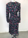 MAGGY LONDON, Black, Fuchsia Pink, Sage Green, Purple, Goldenrod Yellow, Silk, Floral, Long Sleeves, Padded Shoulders, Round Neck, 1 Pleat at Armscye, Pleated Waist, Self Covered Buttons in Back, Knee Length,