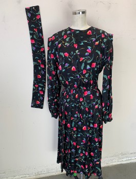 MAGGY LONDON, Black, Fuchsia Pink, Sage Green, Purple, Goldenrod Yellow, Silk, Floral, Long Sleeves, Padded Shoulders, Round Neck, 1 Pleat at Armscye, Pleated Waist, Self Covered Buttons in Back, Knee Length,