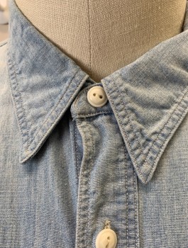 DOUBLE RL, Denim Blue, Lt Blue, Cotton, Solid, Light Chambray, Long Sleeve Button Front, Collar Attached, 2 Patch Pockets with Flap Closures, Triples