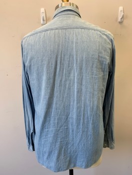DOUBLE RL, Denim Blue, Lt Blue, Cotton, Solid, Light Chambray, Long Sleeve Button Front, Collar Attached, 2 Patch Pockets with Flap Closures, Triples