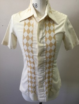 THE SHIRT BY LOR'S, Cream, Mustard Yellow, White, Cotton, Polyester, Solid, Diamonds, Cream with Mustard and White Diamond Patterned Mesh Panels Along Either Side of Button Placket, Short Sleeve Button Front, Collar Attached, 2 Vents at Center Back,