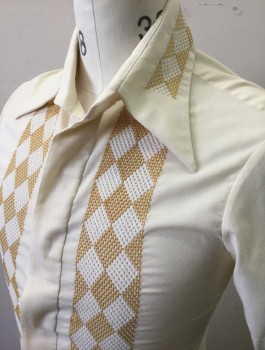 THE SHIRT BY LOR'S, Cream, Mustard Yellow, White, Cotton, Polyester, Solid, Diamonds, Cream with Mustard and White Diamond Patterned Mesh Panels Along Either Side of Button Placket, Short Sleeve Button Front, Collar Attached, 2 Vents at Center Back,