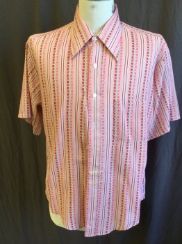 VAN HEUSEN, Pink, Red, Lt Brown, Dk Red, Polyester, Cotton, Abstract , Stripes - Vertical , Collar Attached, Button Front, 1 Pocket, Short Sleeves, Curved Hem (*Peachy-cream Paint Splash Lower Front)