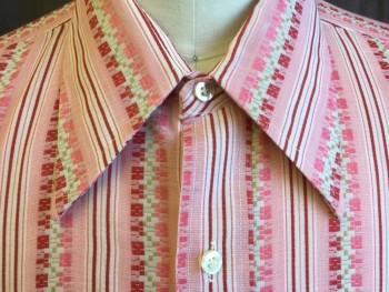 VAN HEUSEN, Pink, Red, Lt Brown, Dk Red, Polyester, Cotton, Abstract , Stripes - Vertical , Collar Attached, Button Front, 1 Pocket, Short Sleeves, Curved Hem (*Peachy-cream Paint Splash Lower Front)