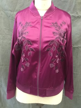 Womens, Casual Jacket, TORRID, Magenta Purple, Polyester, Spandex, Solid, 3, Satin Bomber, Floral Embroidery, Zip Front, Ribbed Knit Neck/Waistband/Cuff