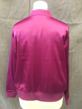 Womens, Casual Jacket, TORRID, Magenta Purple, Polyester, Spandex, Solid, 3, Satin Bomber, Floral Embroidery, Zip Front, Ribbed Knit Neck/Waistband/Cuff