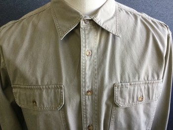 CABELAS`, Dk Khaki Brn, Cotton, Solid, Long Sleeves, Button Front, Collar Attached, 2 Pockets,