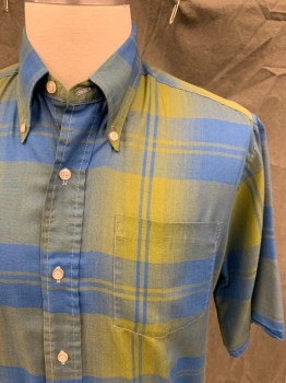 TOWNCRAFT, Blue, Dk Olive Grn, Cotton, Plaid, Button Front, Collar Attached, Button Down Collar, 1 Pocket, Short Sleeves,