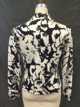 Womens, Blazer, ELLEN TRACY, Black, White, Cotton, Spandex, Floral, 8, Large Floral Print, Single Breasted, Collar Attached, Notched Lapel, 2 Side Slit Pockets