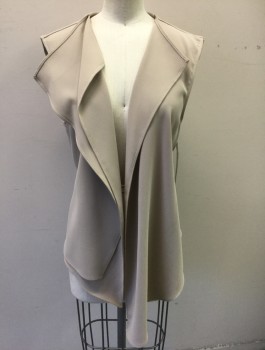 Womens, Vest, ZARA WOMAN, Taupe, Polyester, Solid, S, Crepe, Open at Center Front, Double Layered on Right Side, Attached Thin Belt Tie at Waist, Uneven Drapey Hemline
